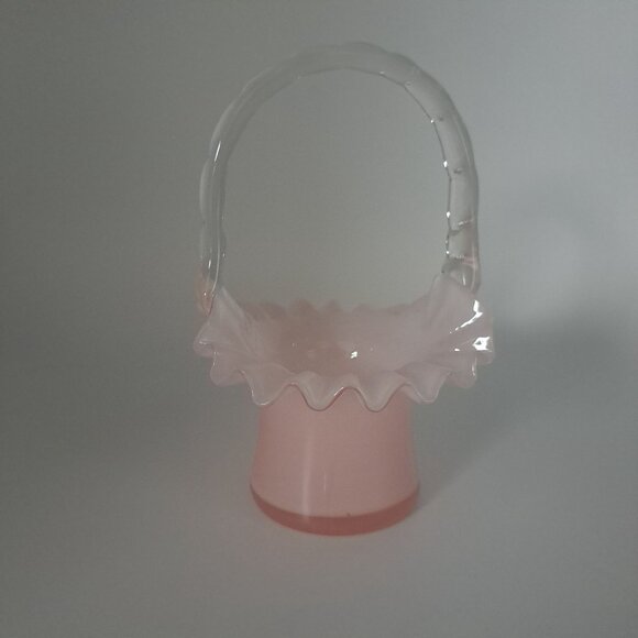 Fenton Overlay Pink Handled Glass Basket With Ruffled Edge - Picture 4 of 16